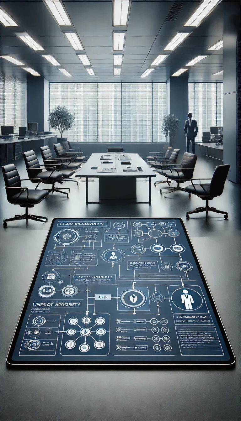 DALL·E 2025-05-12 14.22.37 - Photorealistic vertical image (16_9 portrait orientation) representing the clarification of functions, responsibilities, and lines of authority by are