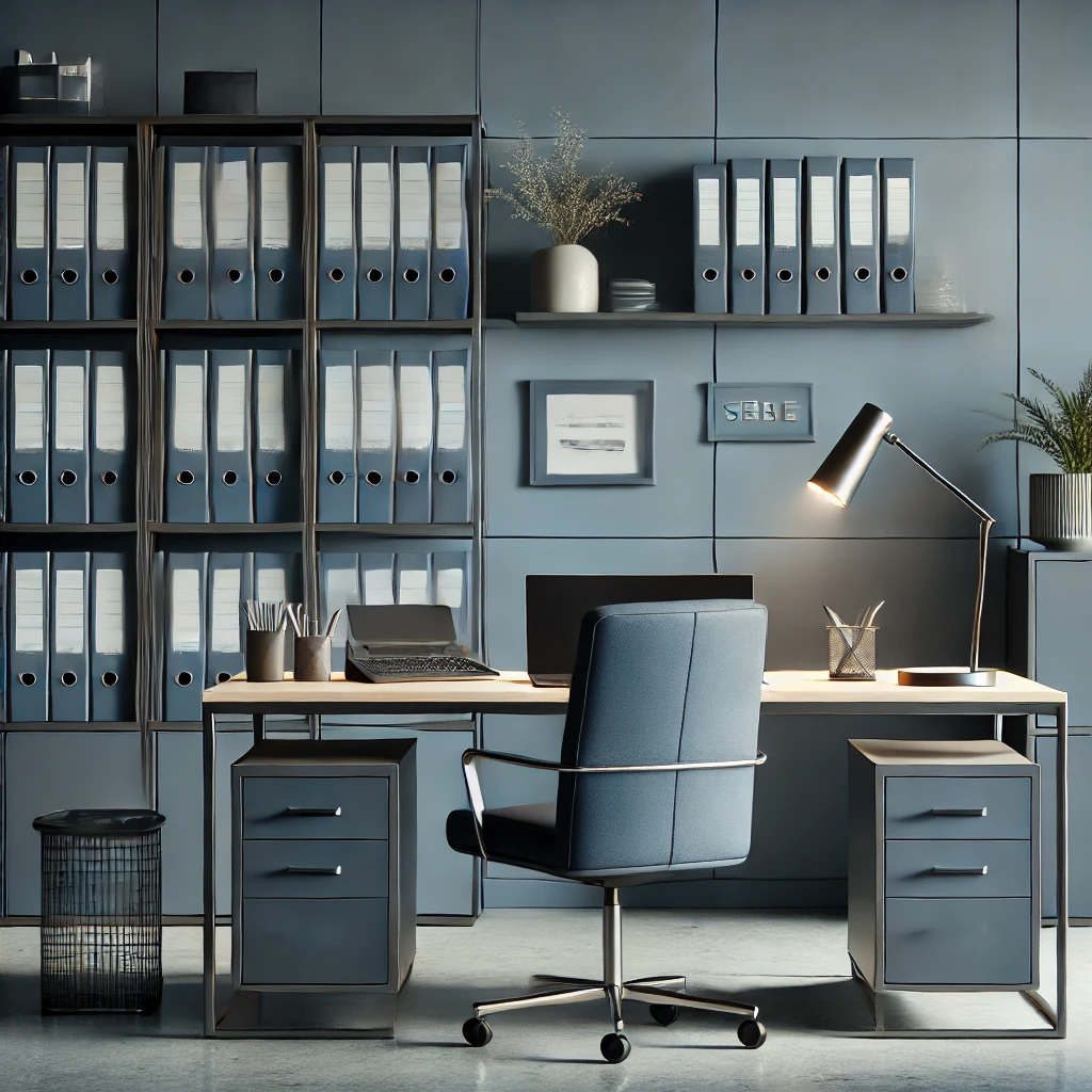 DALL·E 2025-05-13 11.38.19 - Photorealistic 1_1 image of a modern corporate office scene with a navy blue and gray color palette. Scene 1_ A clean office desk with closed laptop,