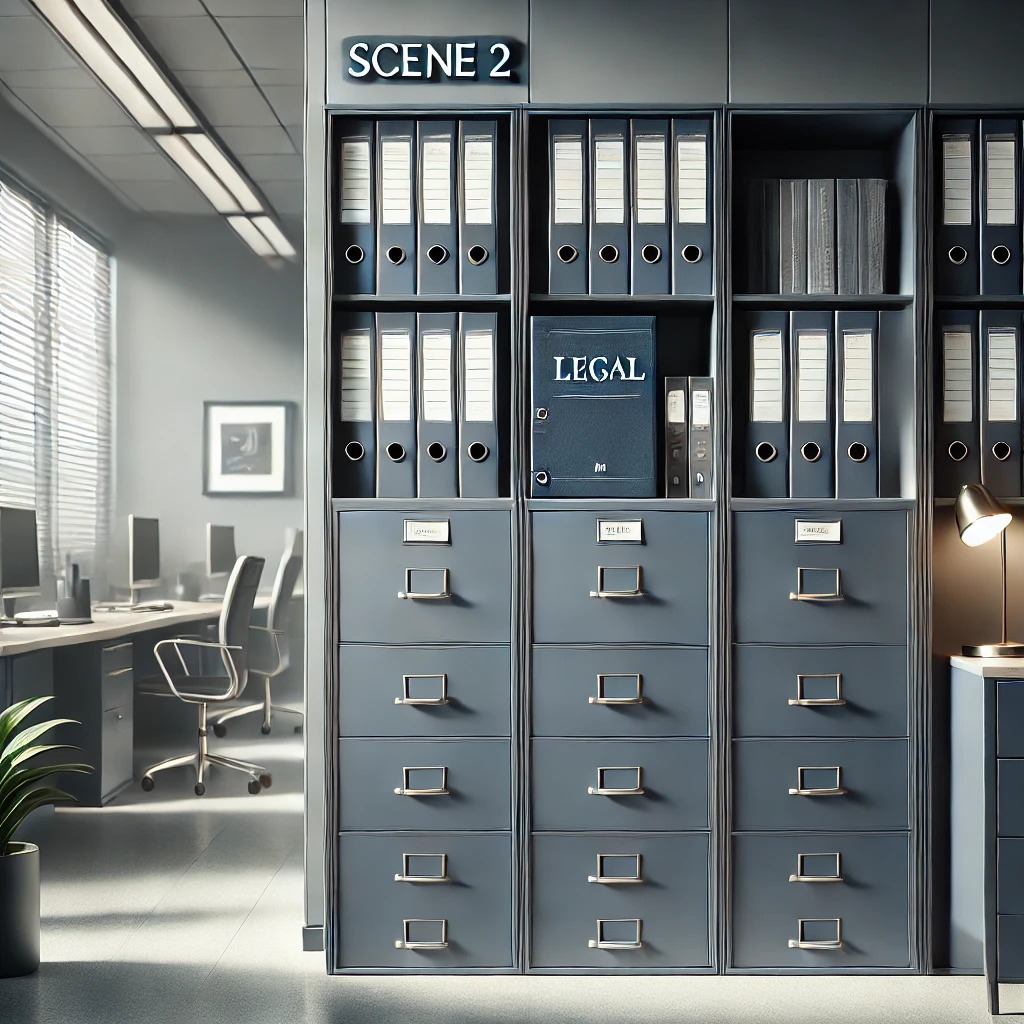 DALL·E 2025-05-13 11.38.22 - Photorealistic 1_1 image of a modern corporate office with a navy blue and gray color palette. Scene 2_ A neatly arranged filing cabinet with labeled