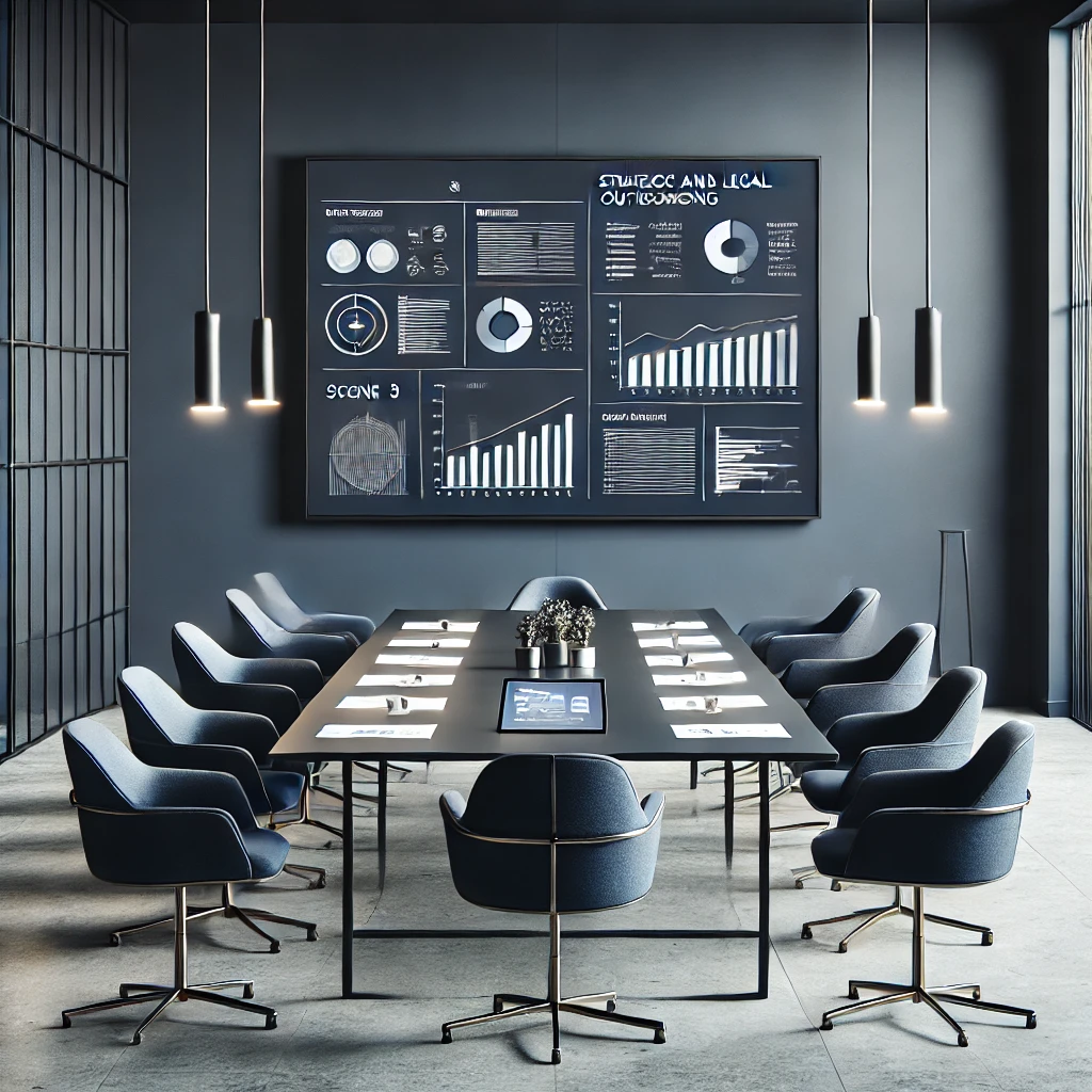 DALL·E 2025-05-13 11.38.53 - Photorealistic 1_1 image of a modern and minimalistic corporate meeting room in navy blue and gray tones. Scene 3_ A large table with navy chairs, org