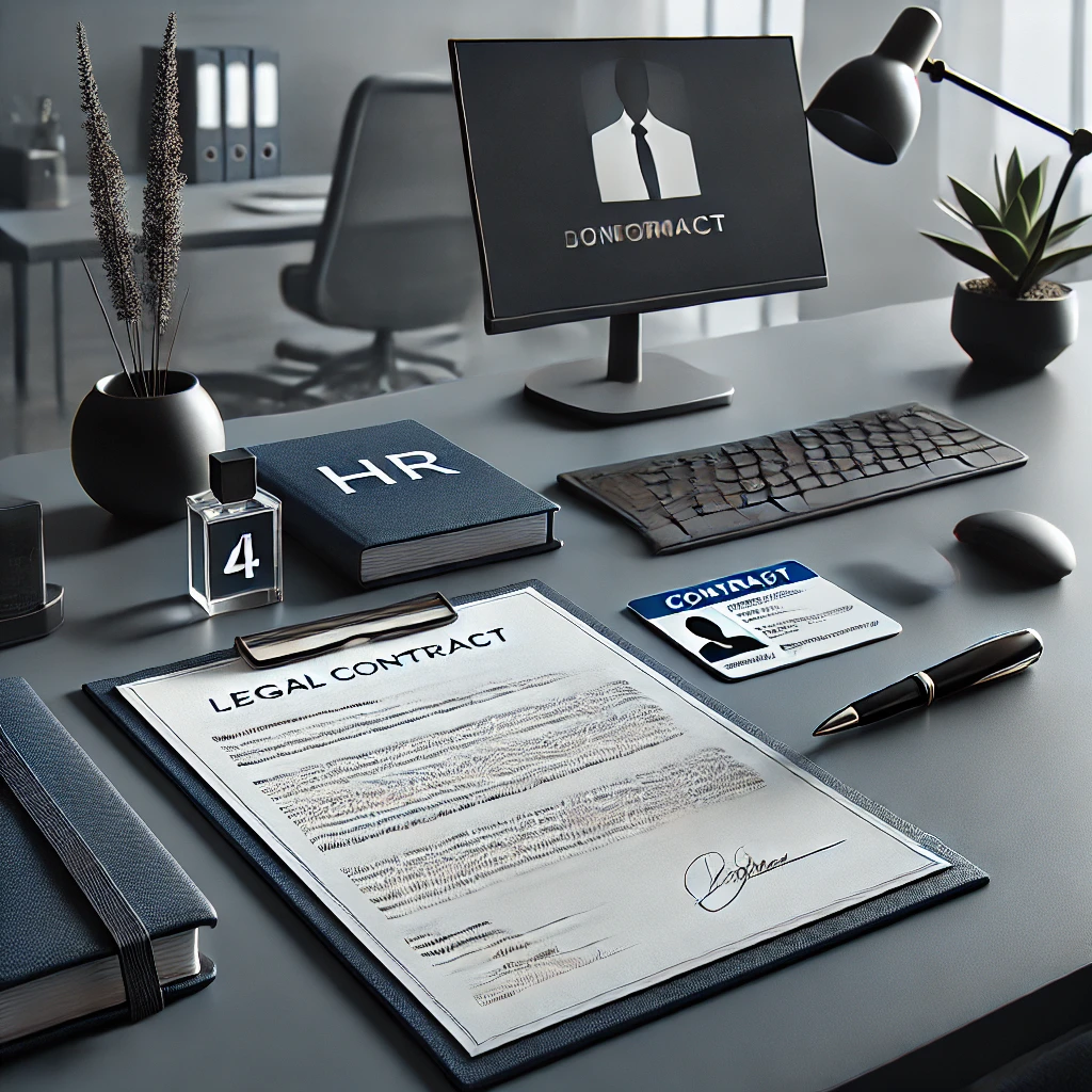 DALL·E 2025-05-13 11.38.55 - Photorealistic 1_1 image of a modern corporate HR workstation with a navy blue and gray theme. Scene 4_ A desktop with a printed contract, a pen, and