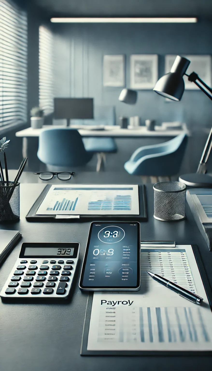 DALL·E 2025-05-13 15.40.52 - Photorealistic vertical (16_9 portrait) image of a modern corporate environment in navy blue and gray tones. Scene 1_ A clean, organized desk with a c