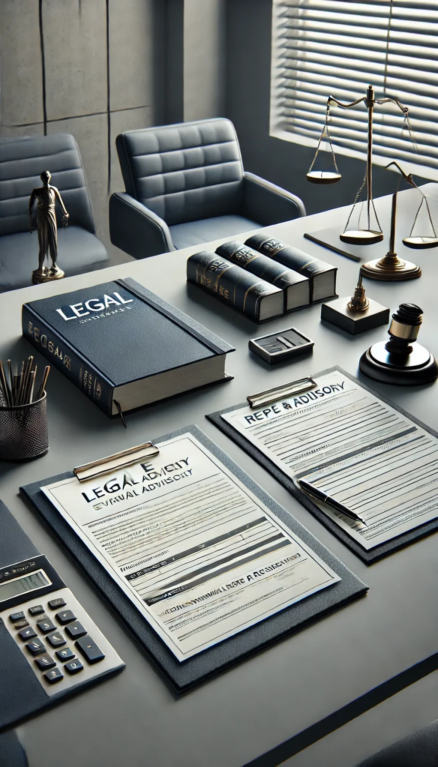 DALL·E 2025-05-13 15.40.54 - Photorealistic vertical (16_9 portrait) image of a modern corporate office scene in navy blue and gray tones. Scene 2_ A desk setup for legal advisory