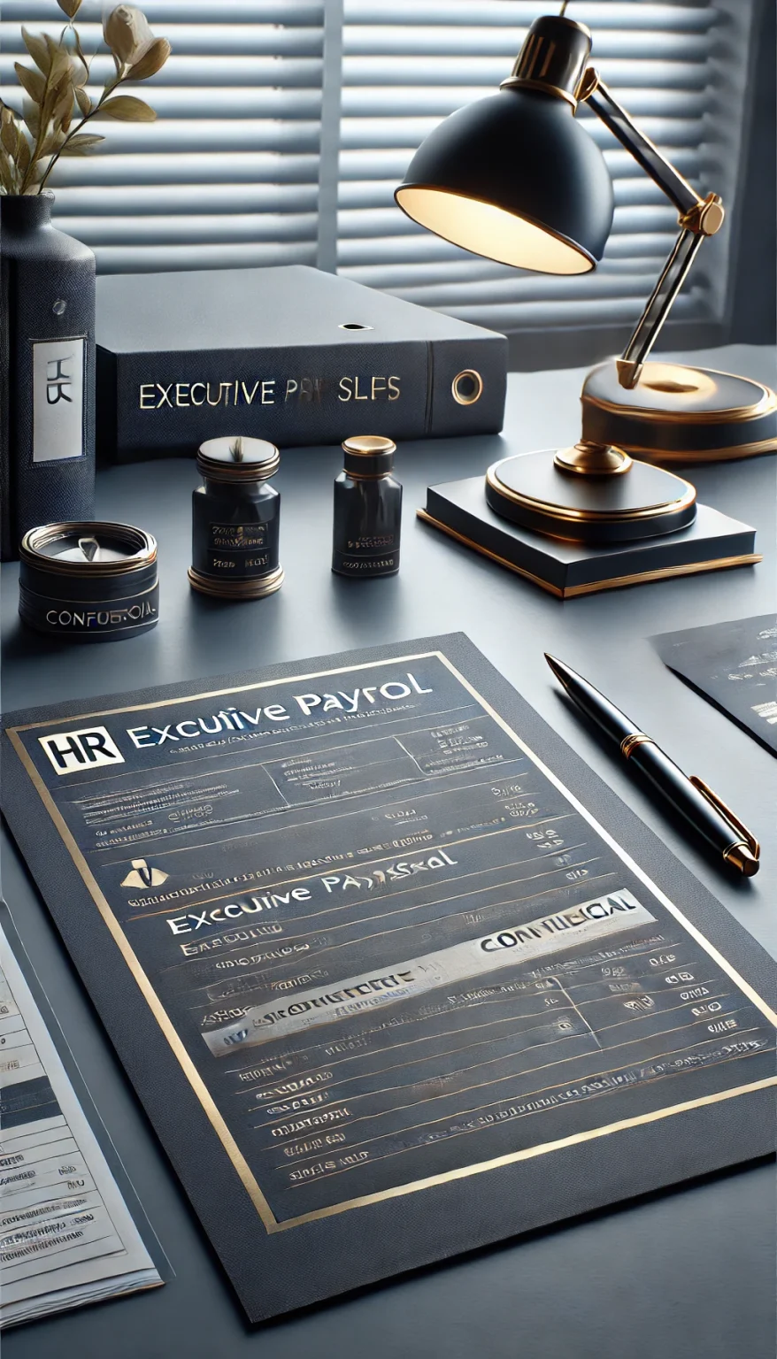 DALL·E 2025-05-13 15.40.57 - Photorealistic vertical (16_9 portrait) image of a modern corporate HR office in navy blue and gray tones. Scene 3_ A desktop with printed executive p