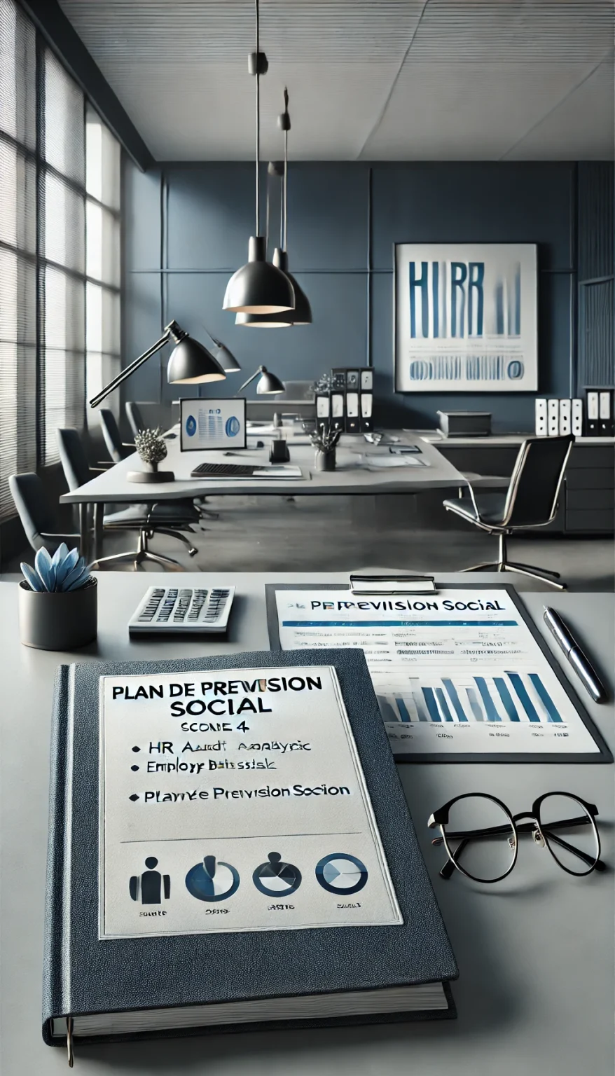 DALL·E 2025-05-13 15.40.59 - Photorealistic vertical (16_9 portrait) image of a modern corporate HR setting in navy blue and gray tones. Scene 4_ A clean workspace featuring an HR