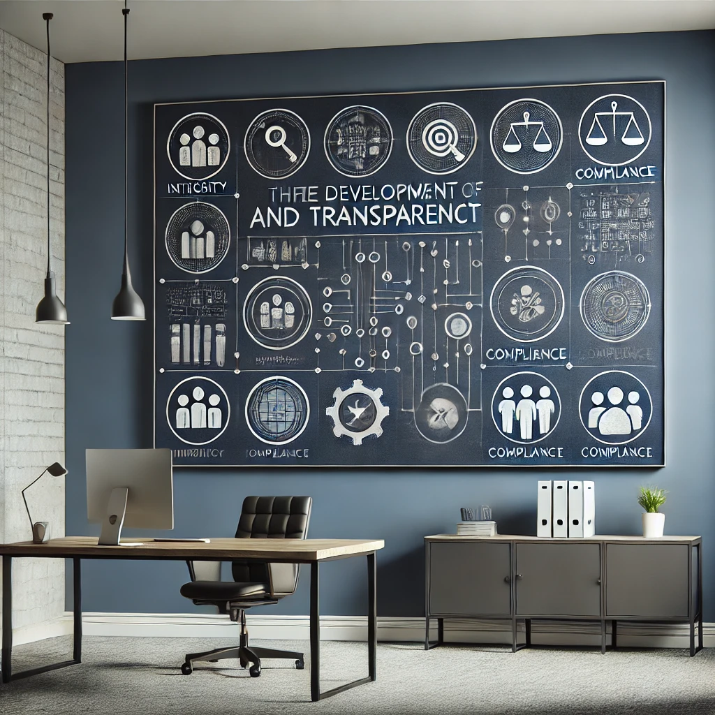 DALL·E 2025-05-15 10.42.28 - Photorealistic 1_1 image in navy blue and gray tones, representing the development of an ethical and transparent corporate culture. Scene 1_ A clean o