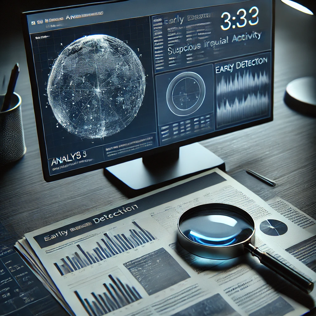 DALL·E 2025-05-15 10.42.31 - Photorealistic 1_1 image in navy blue and gray tones, representing early detection of suspicious or irregular activity. Scene 3_ A close-up of a compu