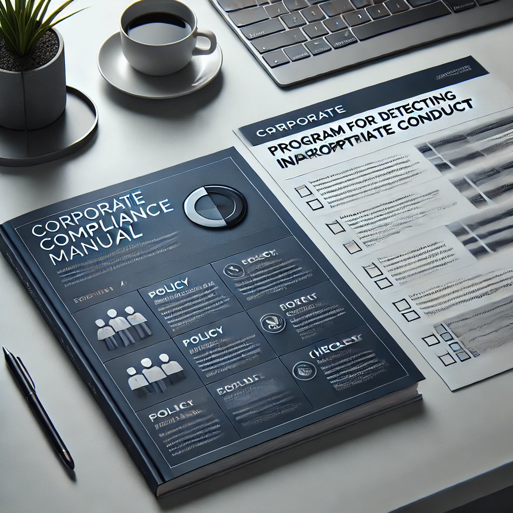 DALL·E 2025-05-15 10.42.33 - Photorealistic 1_1 image in navy blue and gray tones, representing a program for detecting inappropriate conduct. Scene 4_ A corporate compliance manu